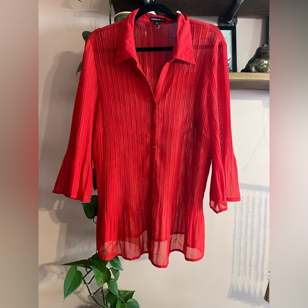 Fashion Bug Vibrant Red Pleated Sheer Button-Front Blouse